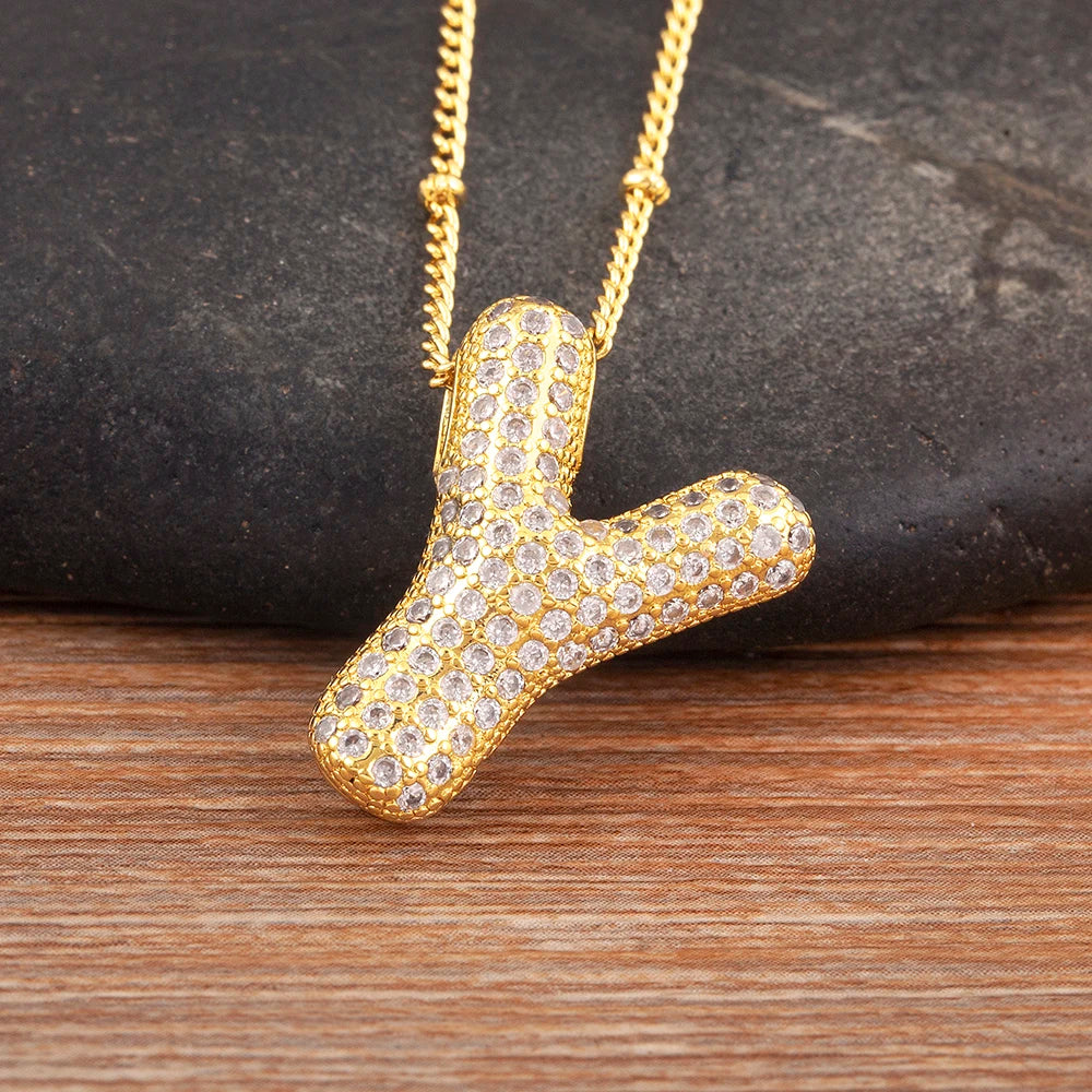 Diamond Flash Iced Initial Bubble Necklace- Gold