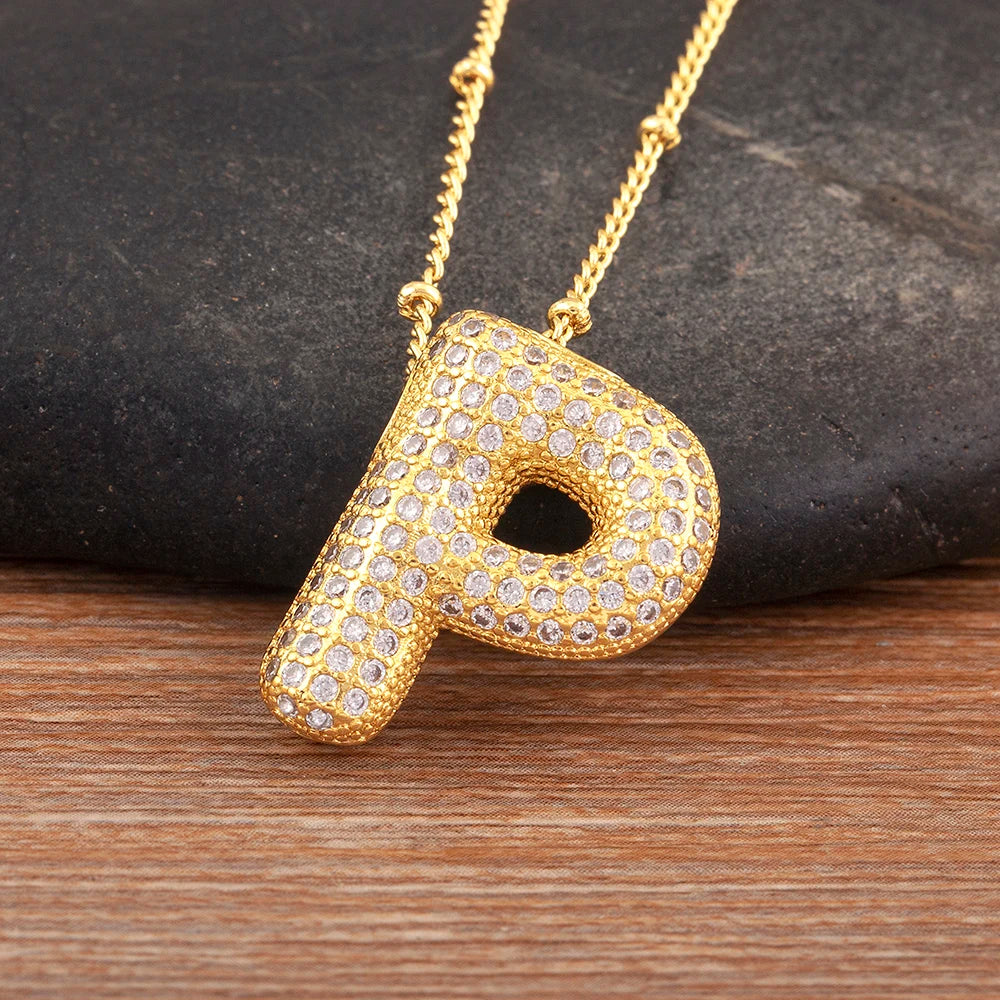 Diamond Flash Iced Initial Bubble Necklace- Gold