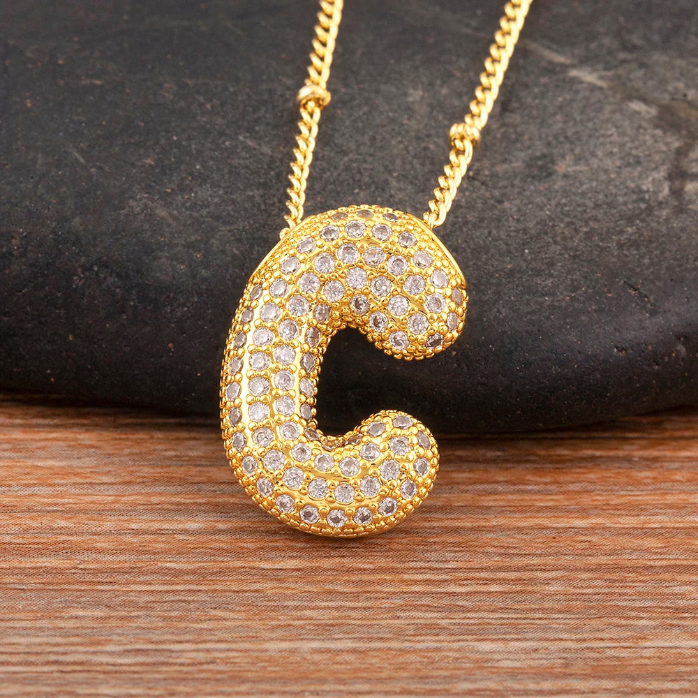 Diamond Flash Iced Initial Bubble Necklace- Gold