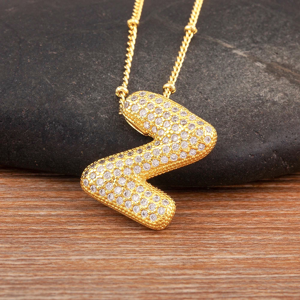 Diamond Flash Iced Initial Bubble Necklace- Gold