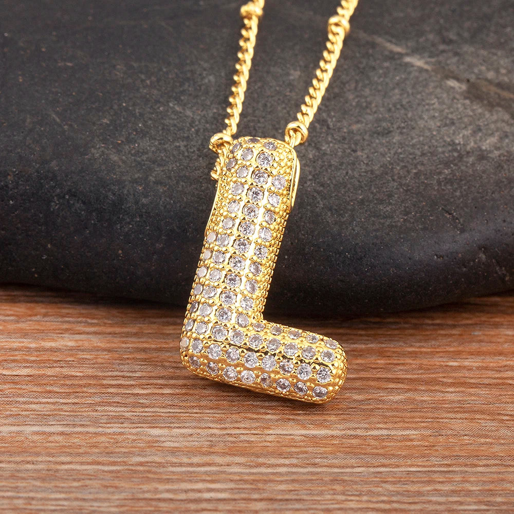 Diamond Flash Iced Initial Bubble Necklace- Gold