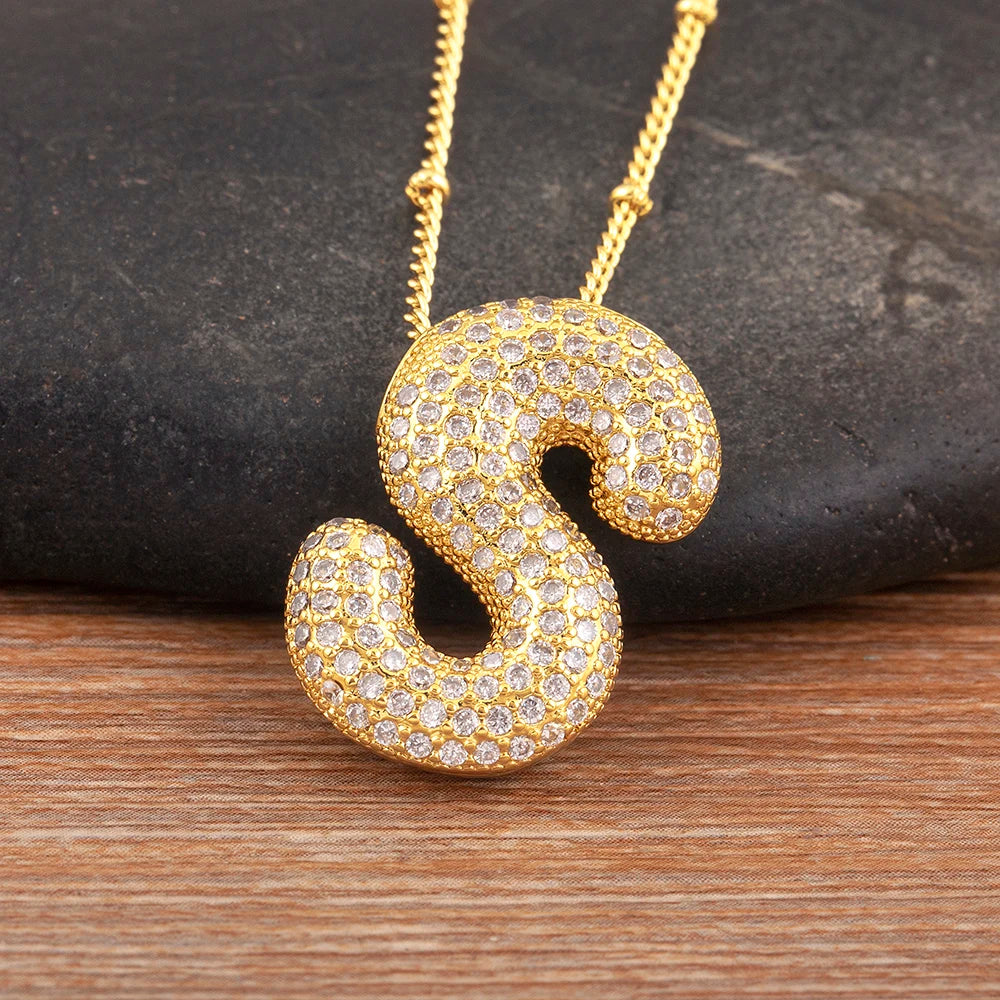 Diamond Flash Iced Initial Bubble Necklace- Gold