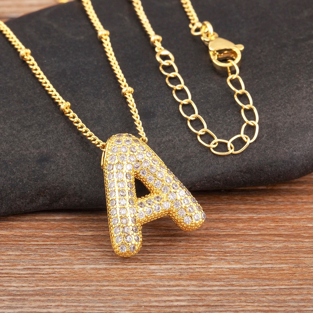 Diamond Flash Iced Initial Bubble Necklace- Gold