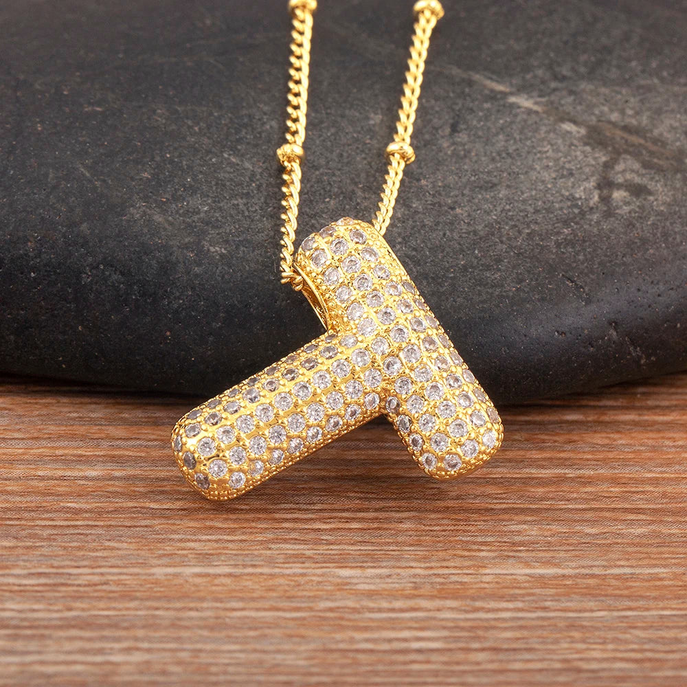 Diamond Flash Iced Initial Bubble Necklace- Gold