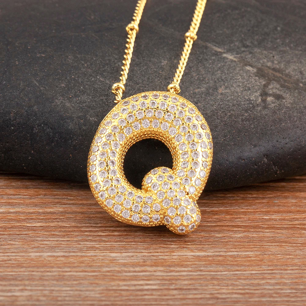 Diamond Flash Iced Initial Bubble Necklace- Gold