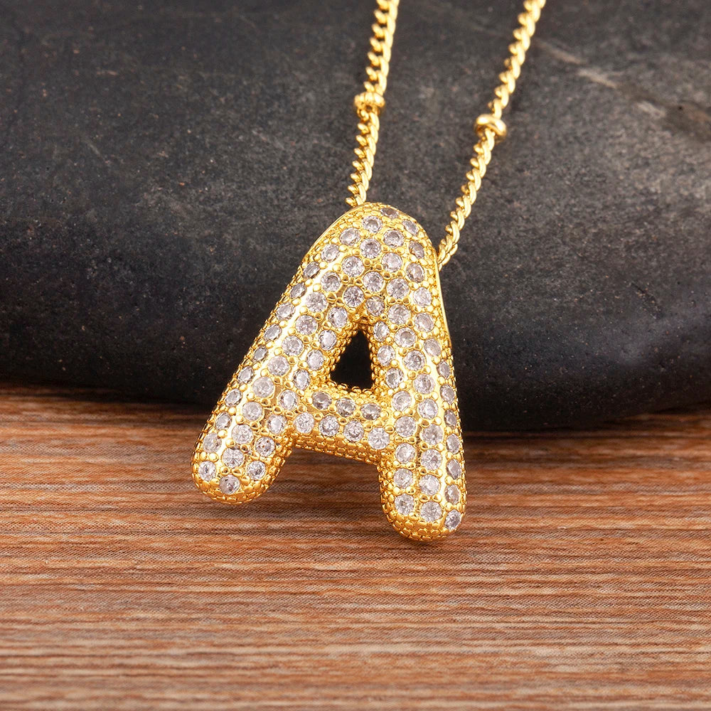 Diamond Flash Iced Initial Bubble Necklace- Gold