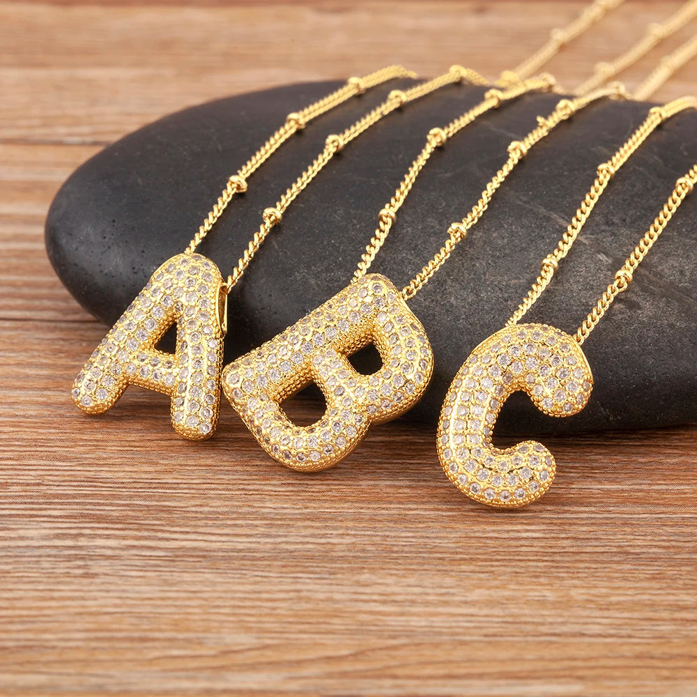 Diamond Flash Iced Initial Bubble Necklace- Gold