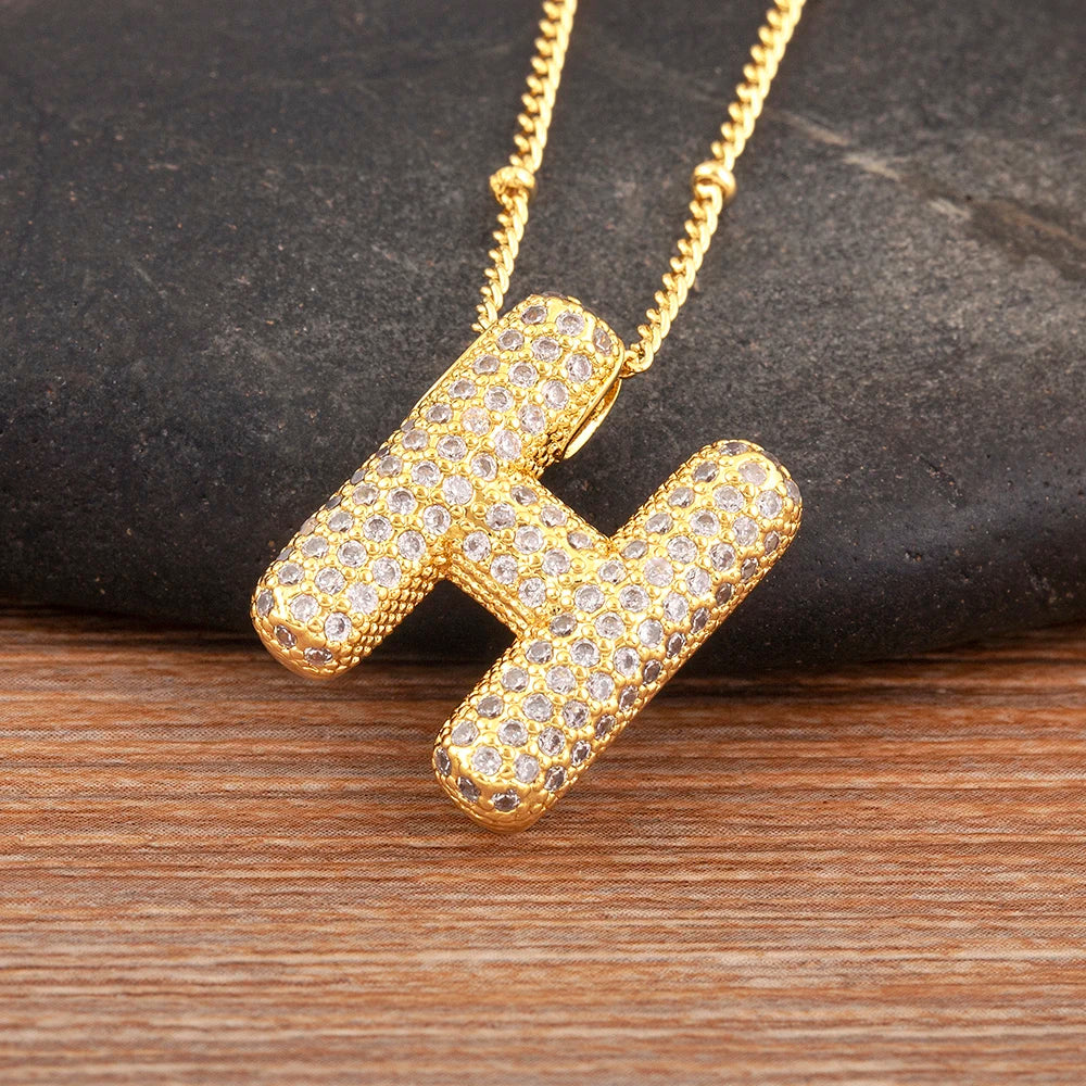 Diamond Flash Iced Initial Bubble Necklace- Gold