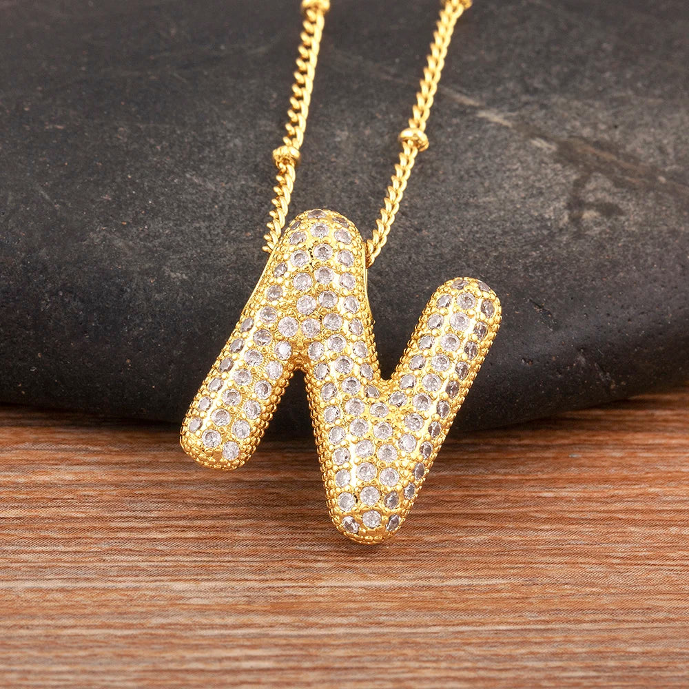 Diamond Flash Iced Initial Bubble Necklace- Gold