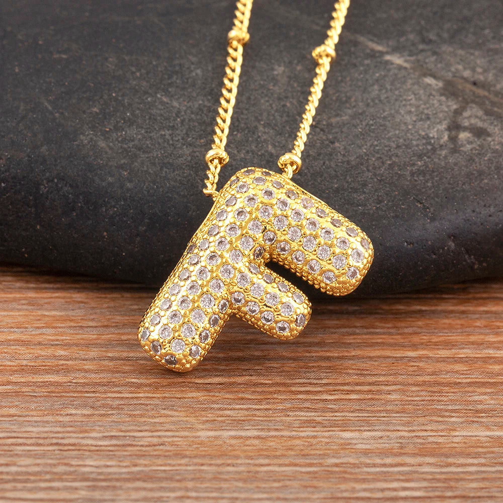 Diamond Flash Iced Initial Bubble Necklace- Gold