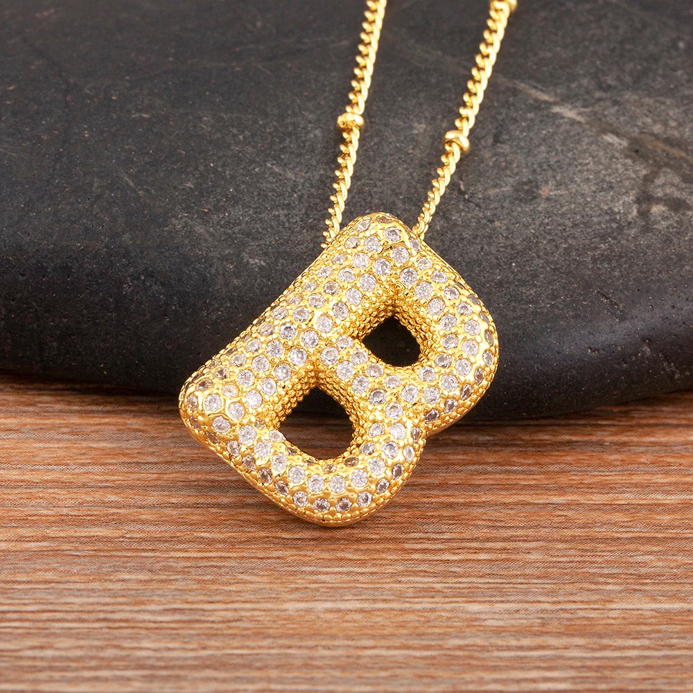 Diamond Flash Iced Initial Bubble Necklace- Gold