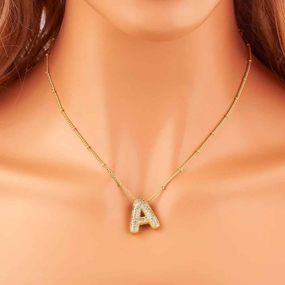 Diamond Flash Iced Initial Bubble Necklace- Gold