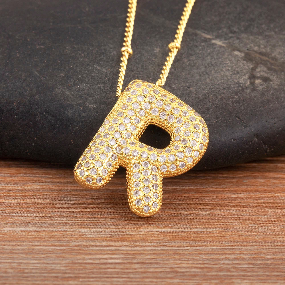 Diamond Flash Iced Initial Bubble Necklace- Gold