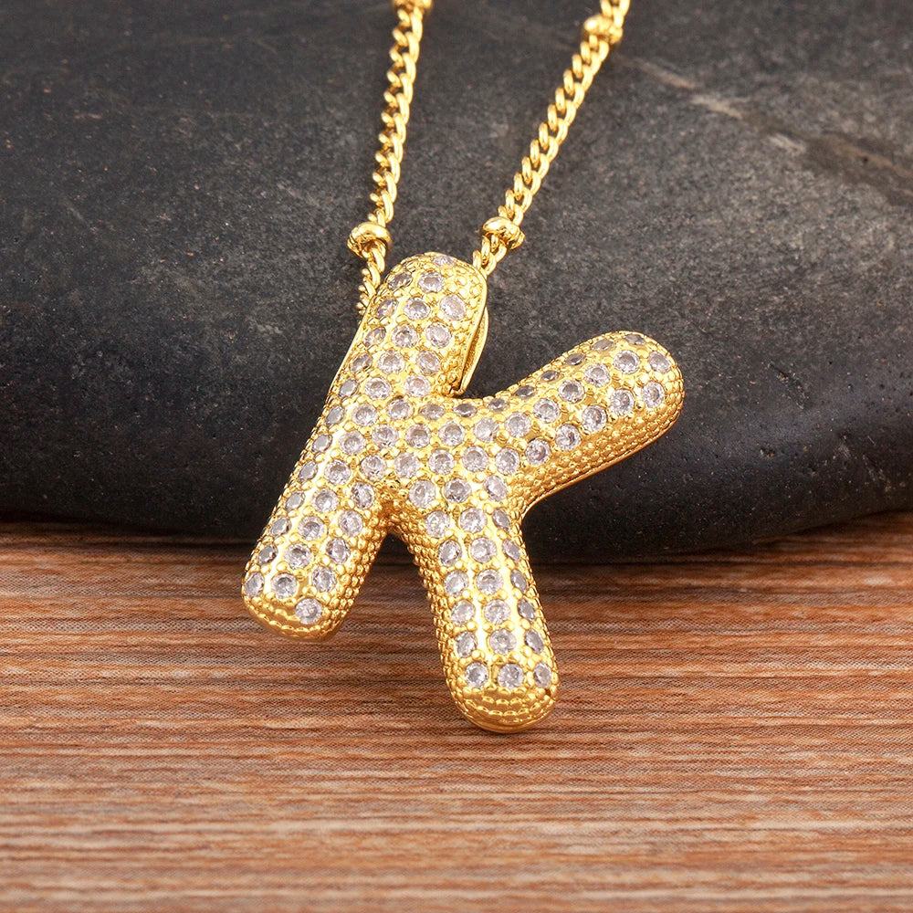 Diamond Flash Iced Initial Bubble Necklace- Gold