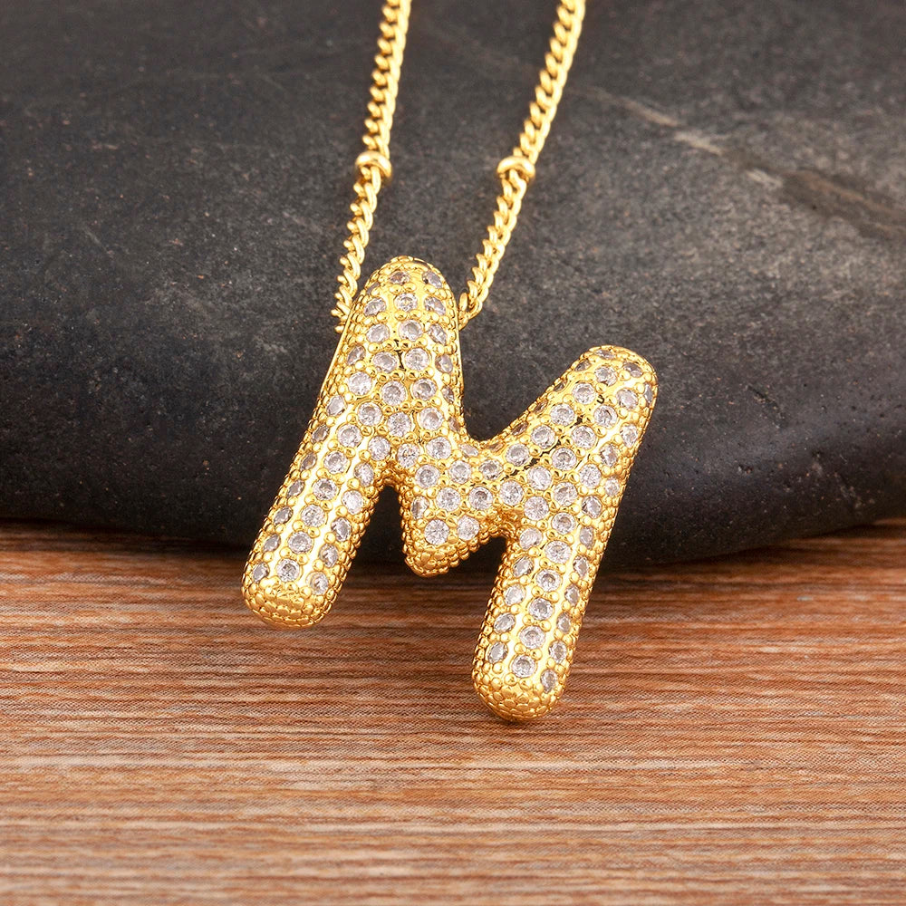 Diamond Flash Iced Initial Bubble Necklace- Gold