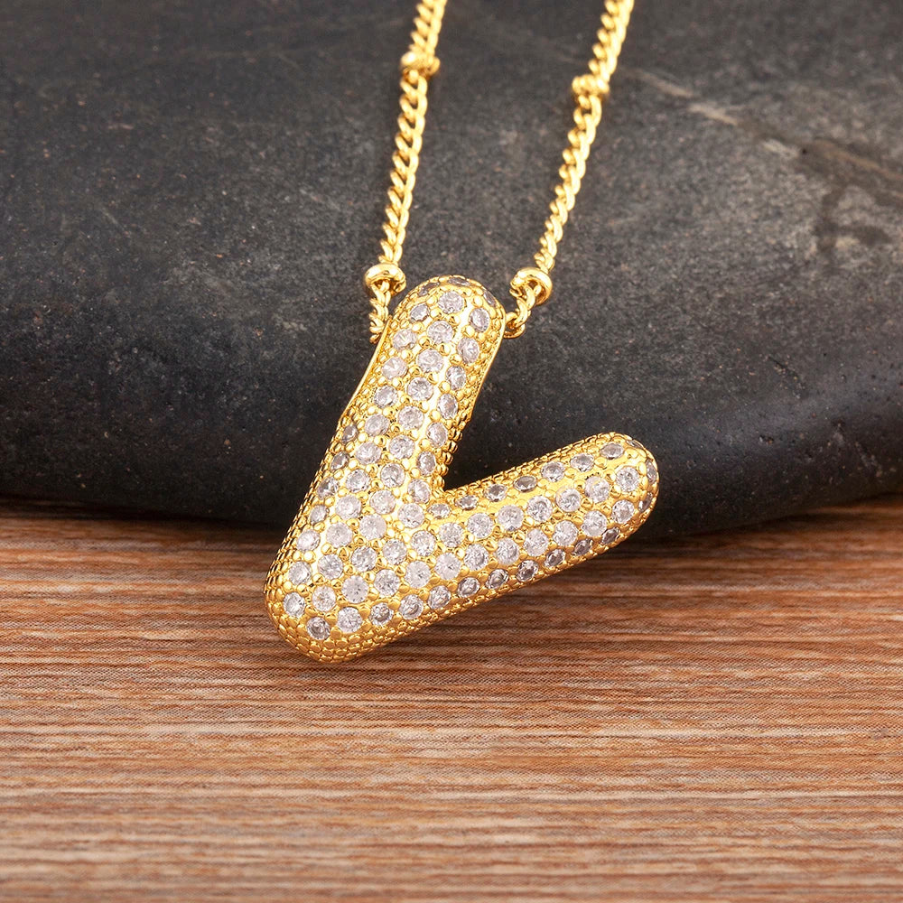 Diamond Flash Iced Initial Bubble Necklace- Gold