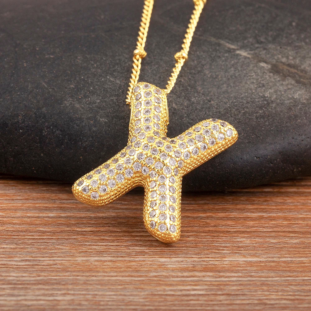 Diamond Flash Iced Initial Bubble Necklace- Gold