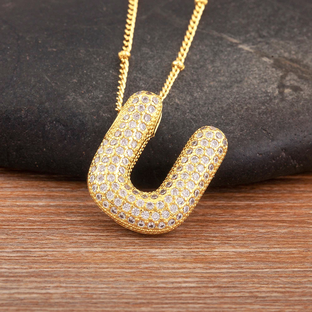 Diamond Flash Iced Initial Bubble Necklace- Gold