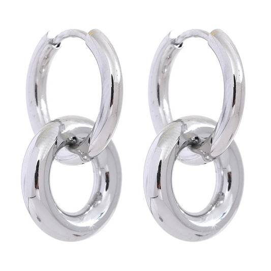 Platinum Round Double Hollow Drop Hoop Earrings