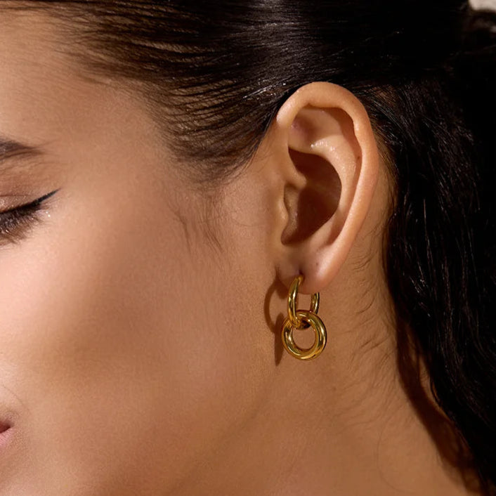 Platinum Round Double Hollow Drop Hoop Earrings