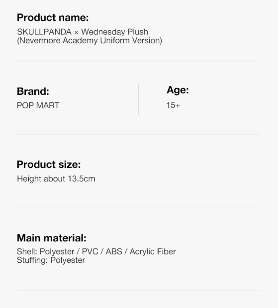 Autentic POPMART SKULLPANDA × Wednesday Plush（Nevermore Academy Uniform Version）