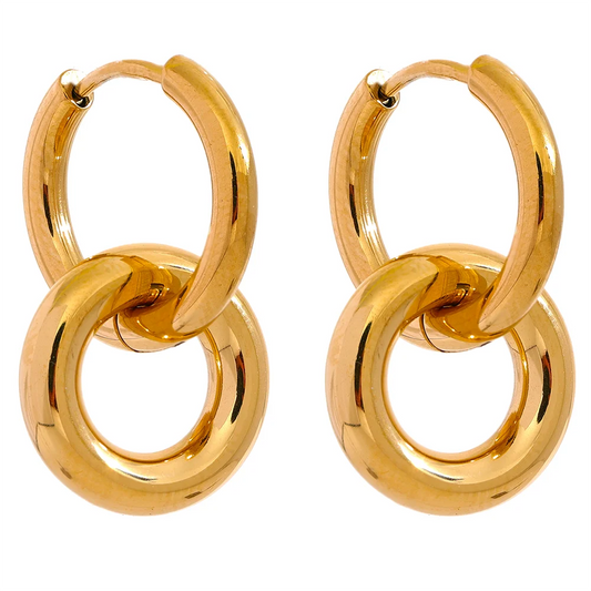 18k Gold Round Double Hollow Drop Hoop Earrings